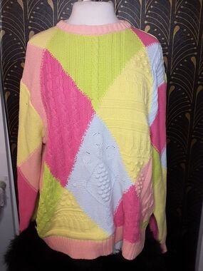 Teddy Fresh Pastel Patchwork Cable Knit Sweater - Pink, Yellow, Lime, Light Blue
